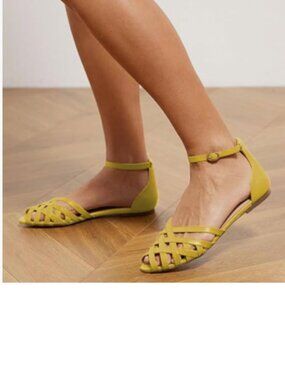 miss left Yellow Caged Peep Toe Flat Sandals Ankle Strap Buckle Comfy Shoes